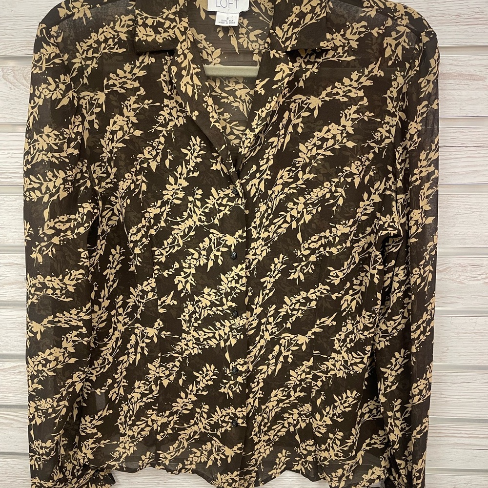 Ann Taylor LOFT Brown and Tan Silk Blouse